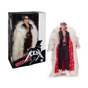 The Barbie Movie Ken Doll Wearing Faux Fur Coat and Black Fringe Vest NIB
